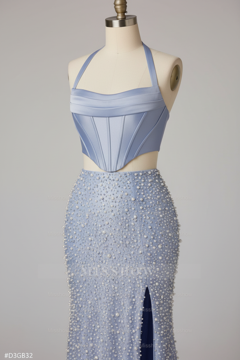 Beautiful Light Blue Two-Piece Beaded Prom Dress with Cutout Waist and High Slit