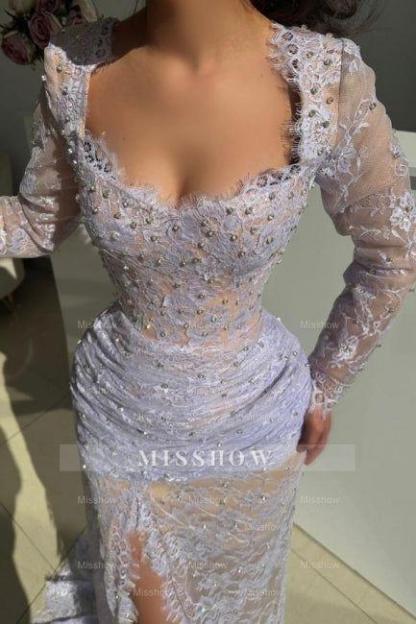 Beautiful Lilac Mermaid Square Lace Beaded Long Sleeves Long Prom Dresses With Slit