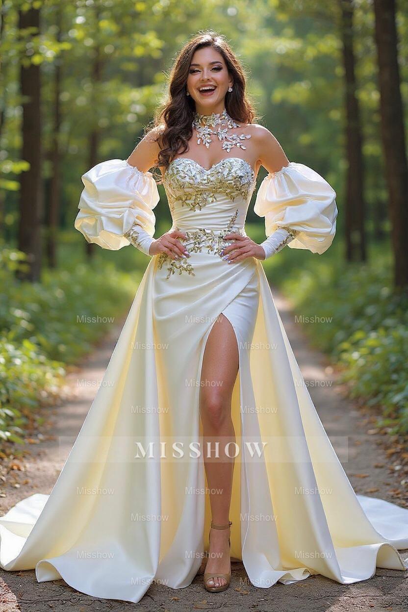 Beautiful Long A-Line Sleeveless Strapless Satin Wedding Dresses With Applique