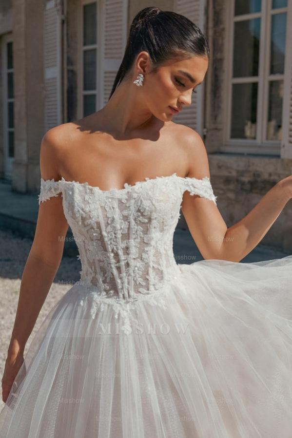 Beautiful Long A-line Off-the-shoulder Appliques Tulle Wedding Dress
