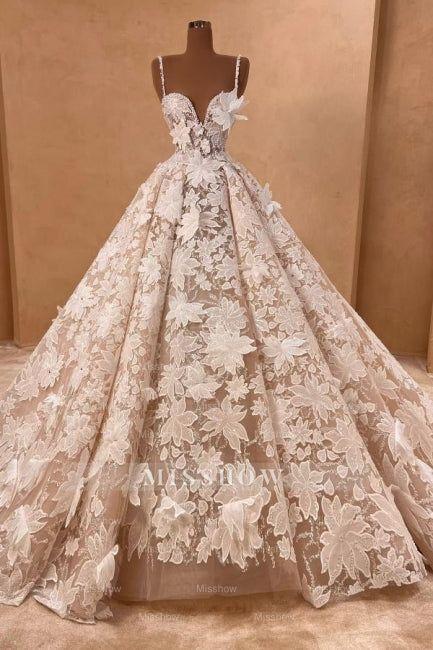 Beautiful Long A-line Spaghetti Straps Lace Appliques Sleeveless Wedding Dresses