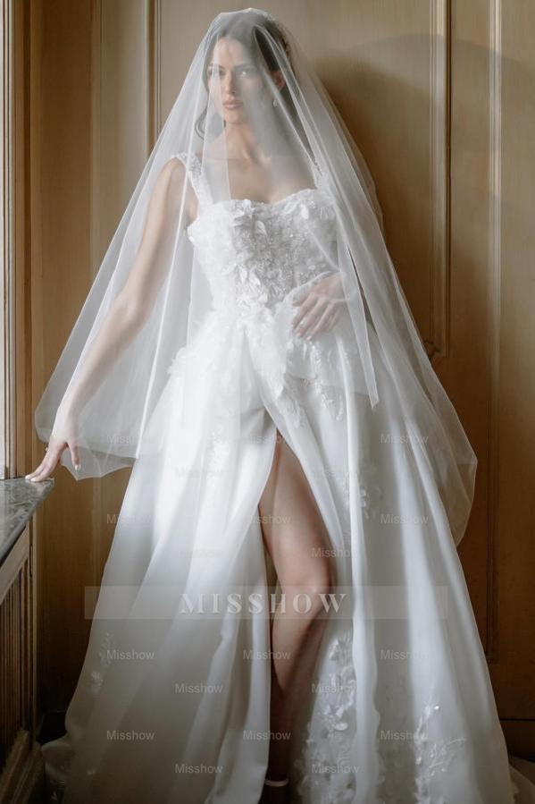 Beautiful Long A-line Split Front Sleeveless Wedding Dresses with Lace