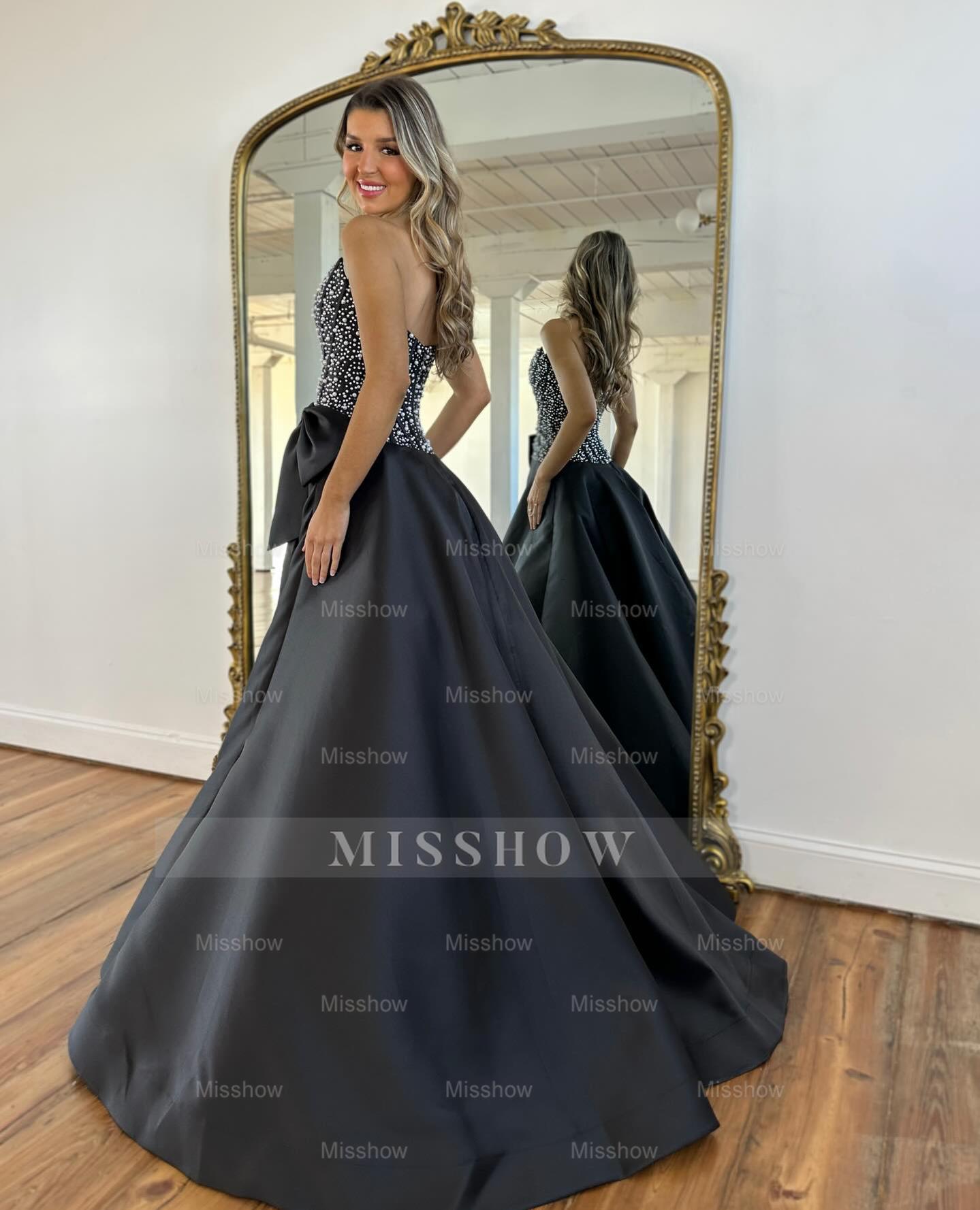Beautiful Long Black A-line Strapless Pearls Prom Dress with Bow