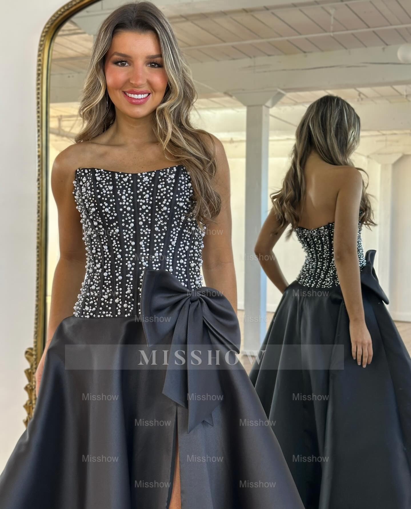 Beautiful Long Black A-line Strapless Pearls Prom Dress with Bow