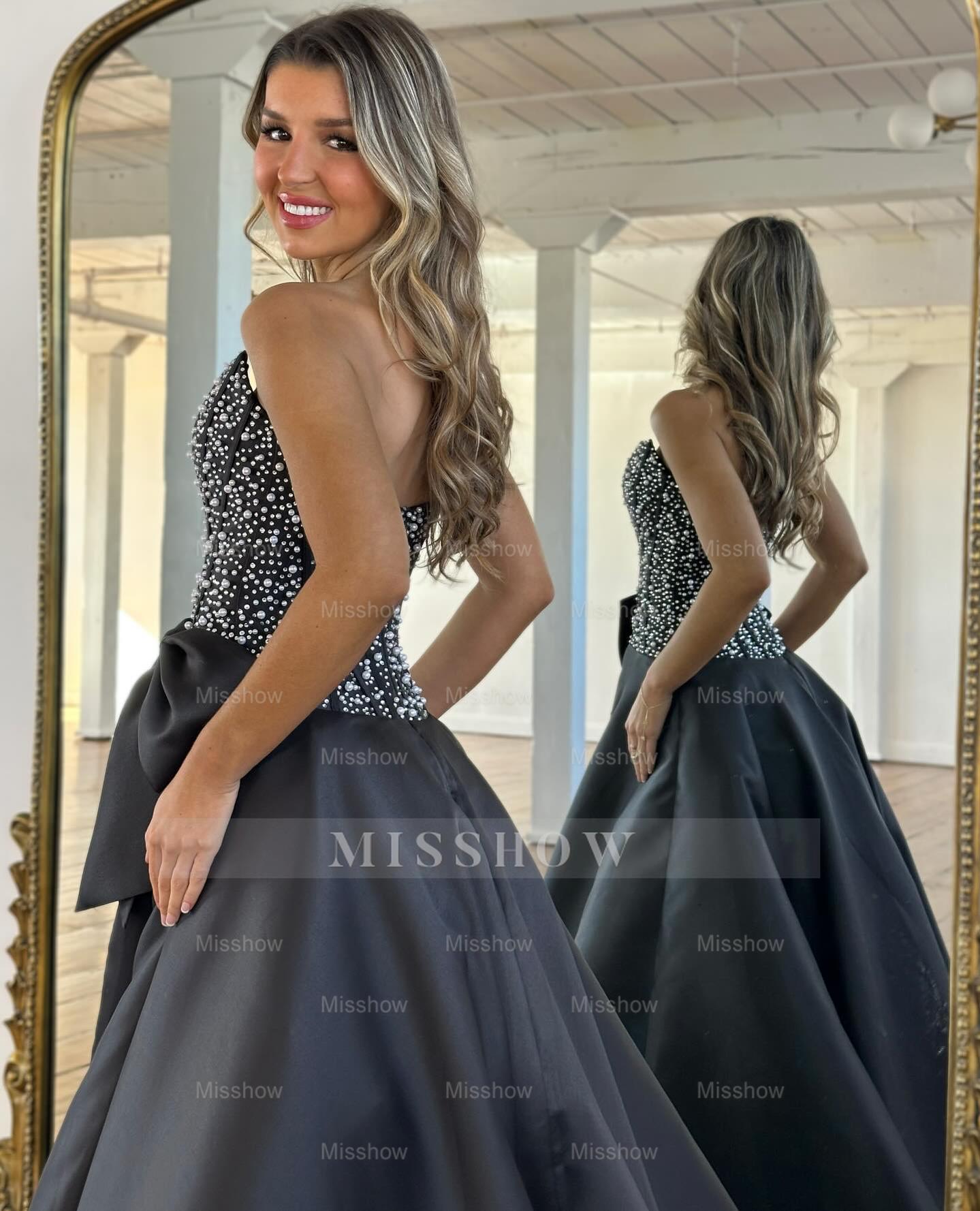 Beautiful Long Black A-line Strapless Pearls Prom Dress with Bow