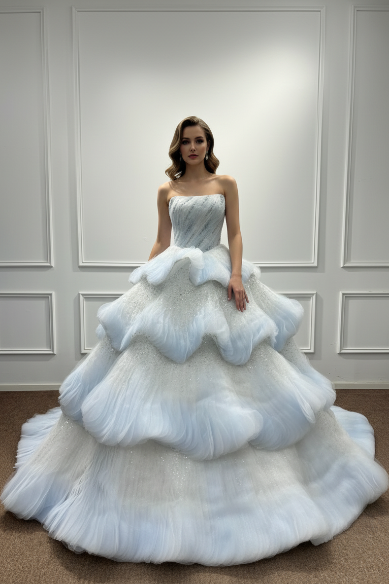 Beautiful Long Blue Ball Gown Cake strapless Sequined Prom Dress with Beads