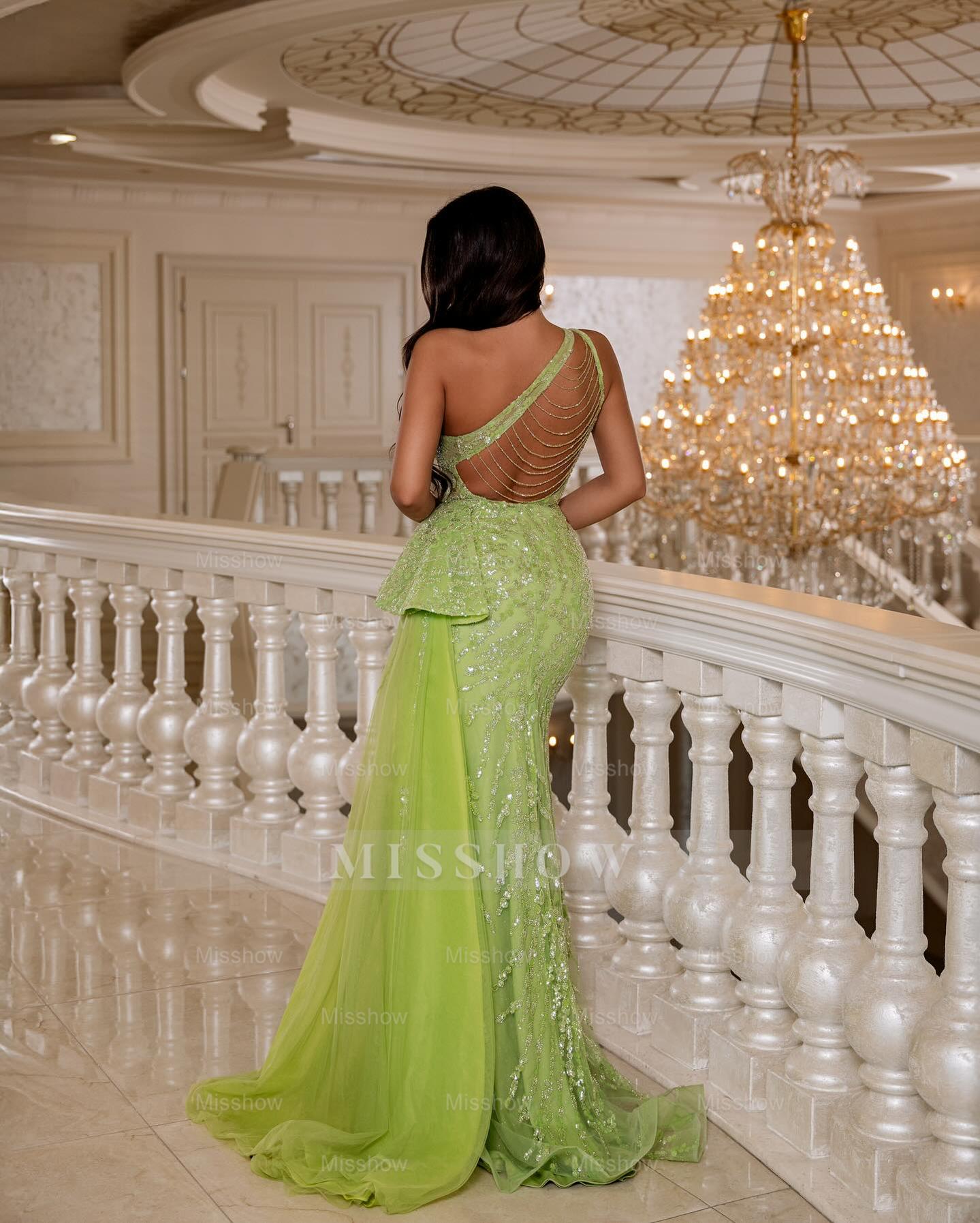 Beautiful Long Green One Shoulder Lace Beaded Sleeveless Prom Dress with Slit