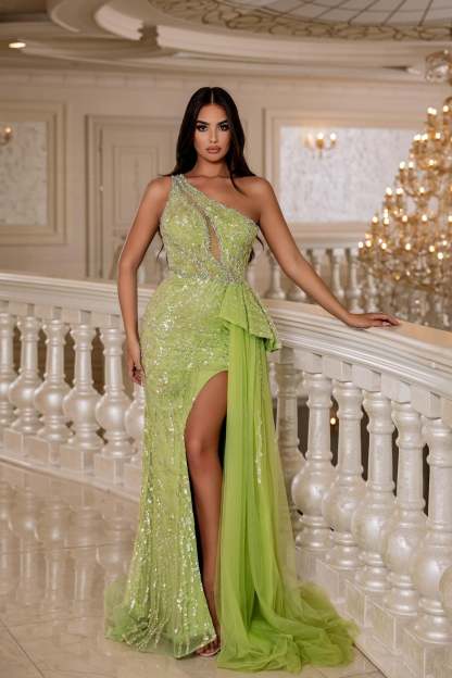 Beautiful Long Green One Shoulder Lace Beaded Sleeveless Prom Dress with Slit