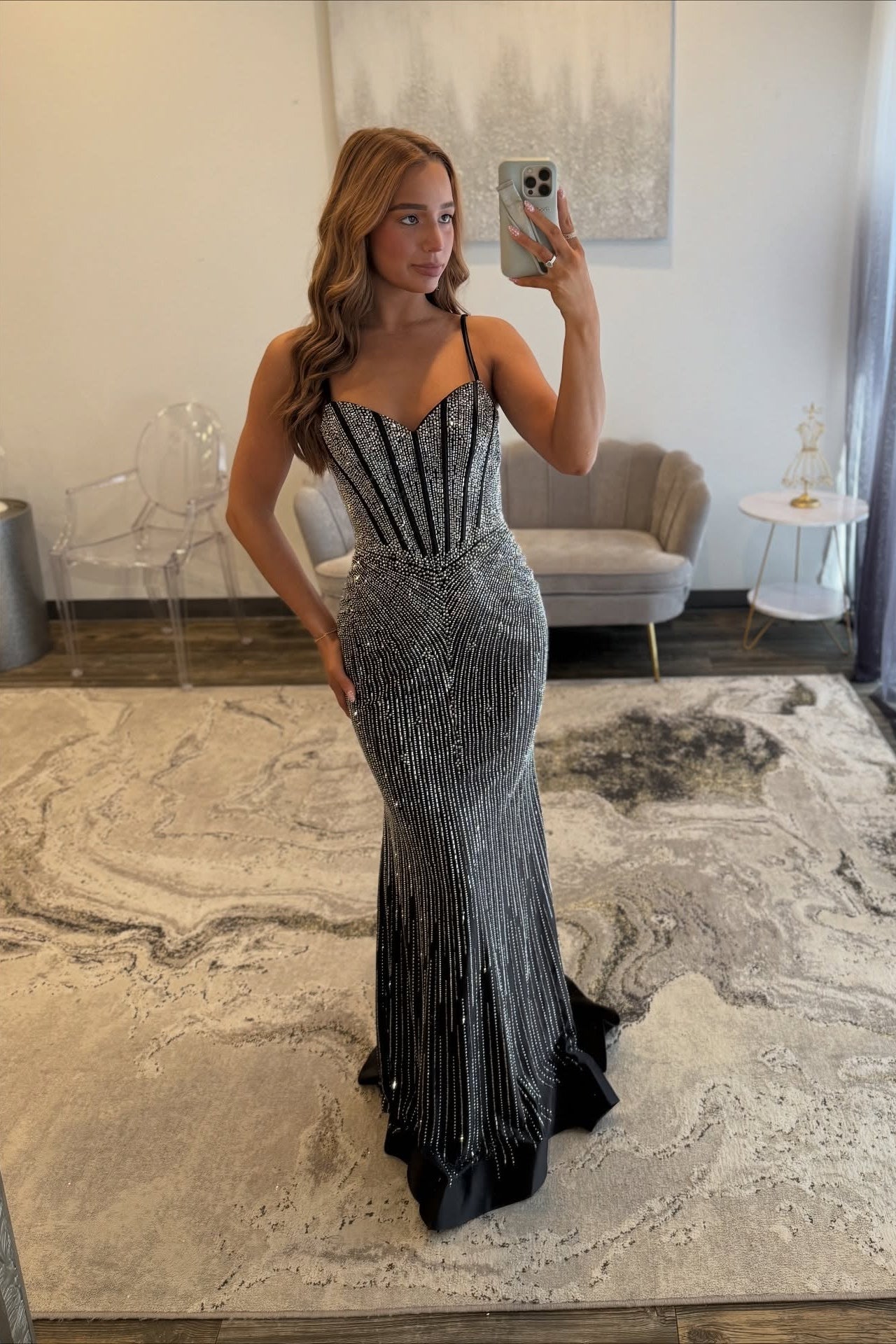 Beautiful Long Mermaid Black Spaghetti Straps Beaded Prom Dress