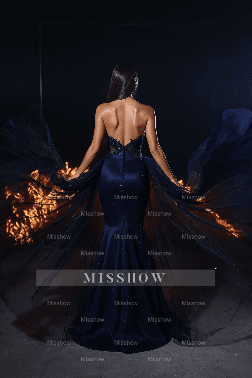 Beautiful Long Mermaid Lace Sleeveless Prom Dress With Detachable Train