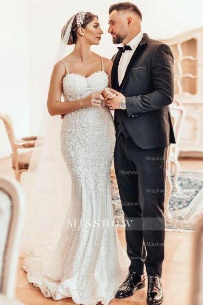 Beautiful Long Mermaid Spaghetti Straps Lace Sleeveless Wedding Dress