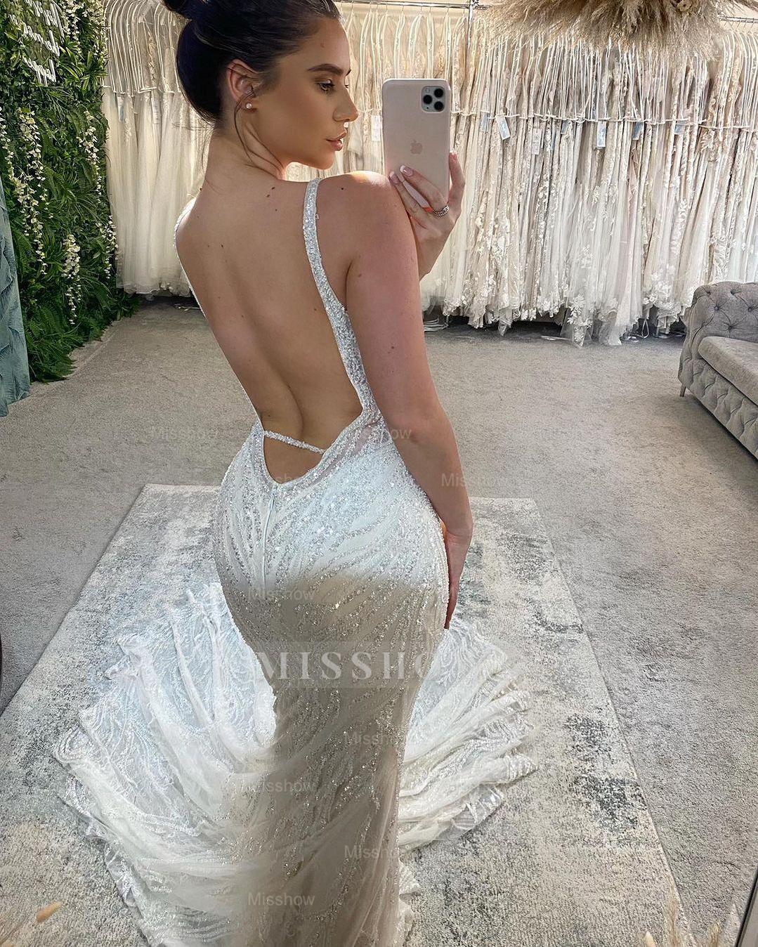 Beautiful Long Mermaid V-neck Beading Sleeveless Backless Wedding Dress With Lace