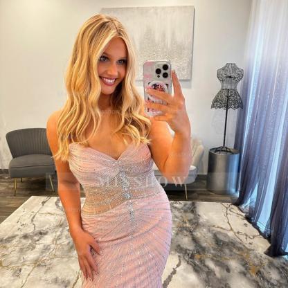 Beautiful Long Mermiad Pink Strapless Beaded Prom Dress