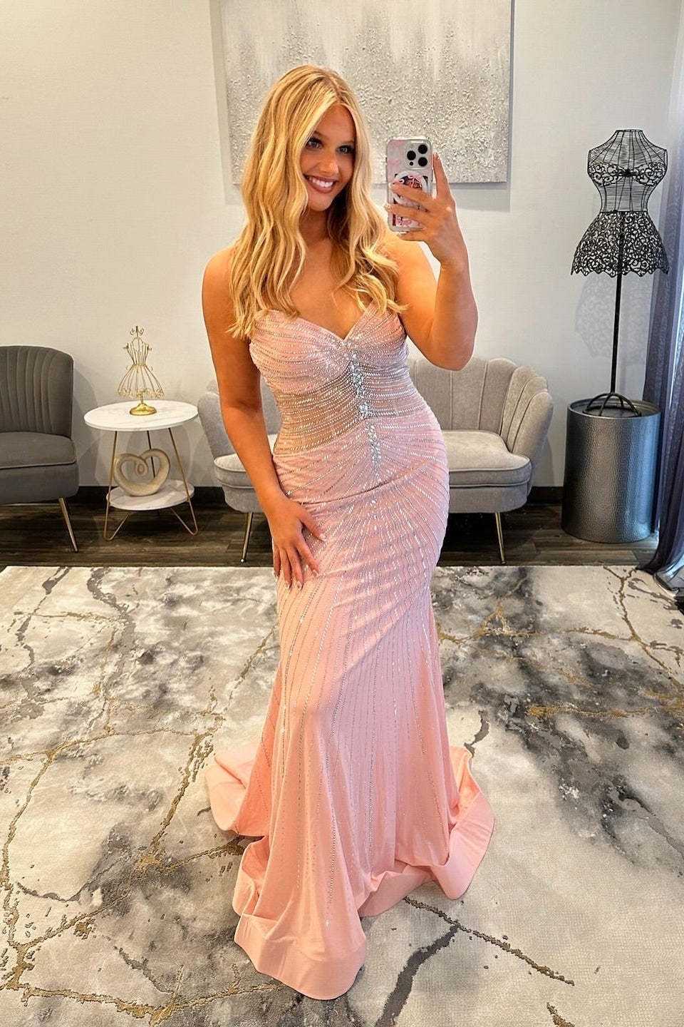 Beautiful Long Mermiad Pink Strapless Beaded Prom Dress