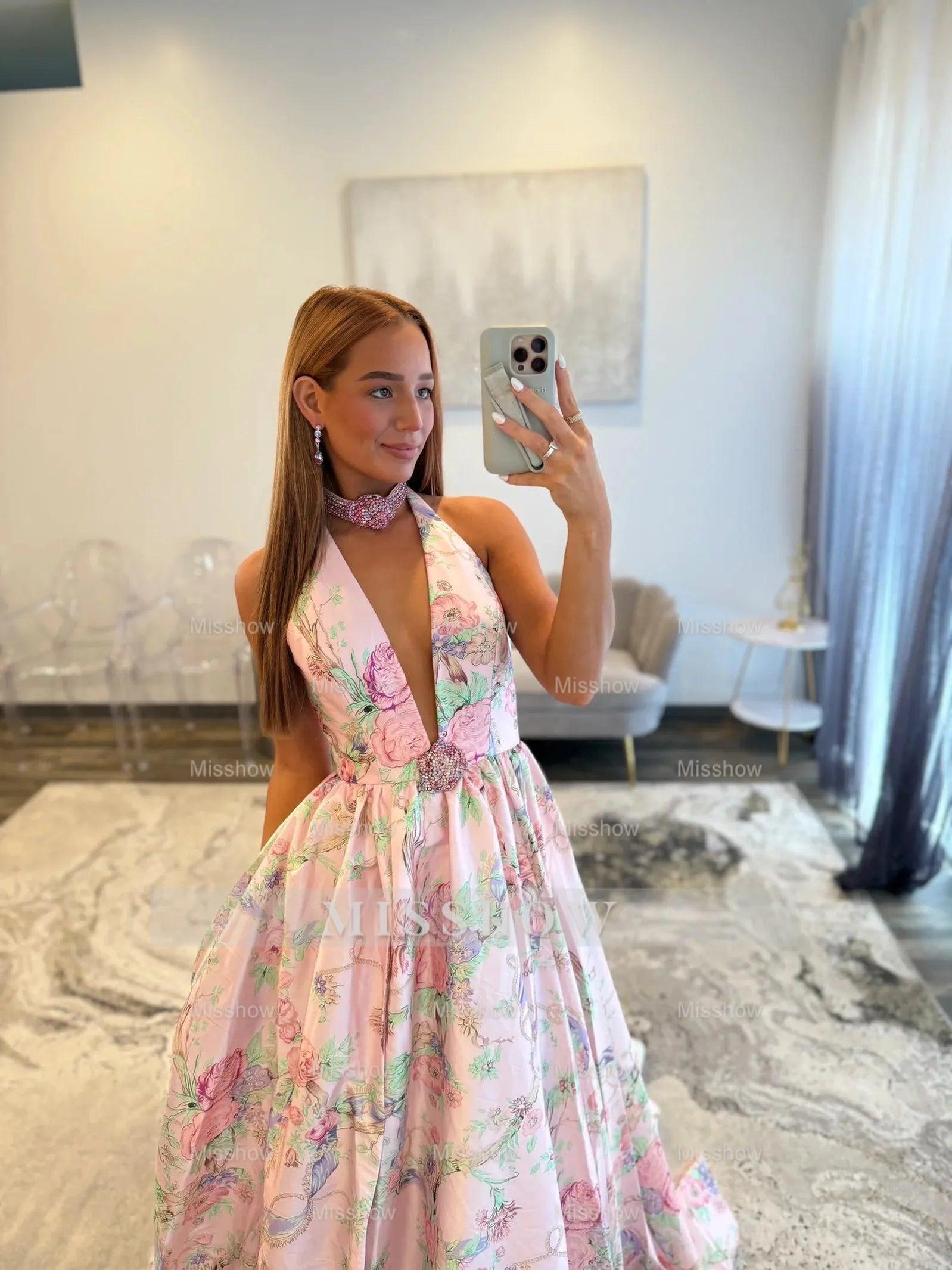 Beautiful Long Pink A-line Halter V-neck Floral Sleeveless Prom Dress with Slit