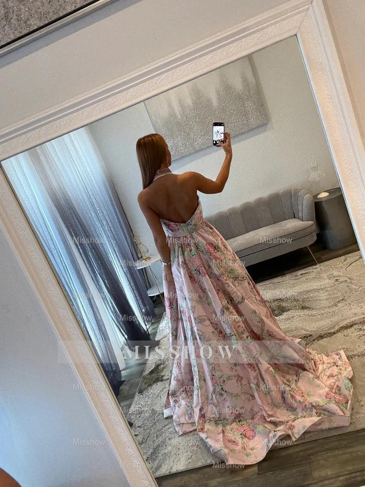 Beautiful Long Pink A-line Halter V-neck Floral Sleeveless Prom Dress with Slit