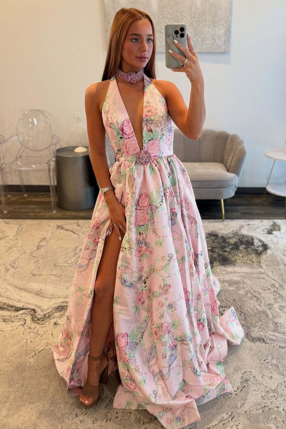 Beautiful Long Pink A-line Halter V-neck Floral Sleeveless Prom Dress with Slit