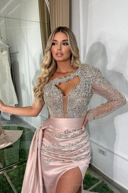 Beautiful Long Pink Mermaid One Shoulder Long Sleeve Glitter Prom Evening Dresses With Slit