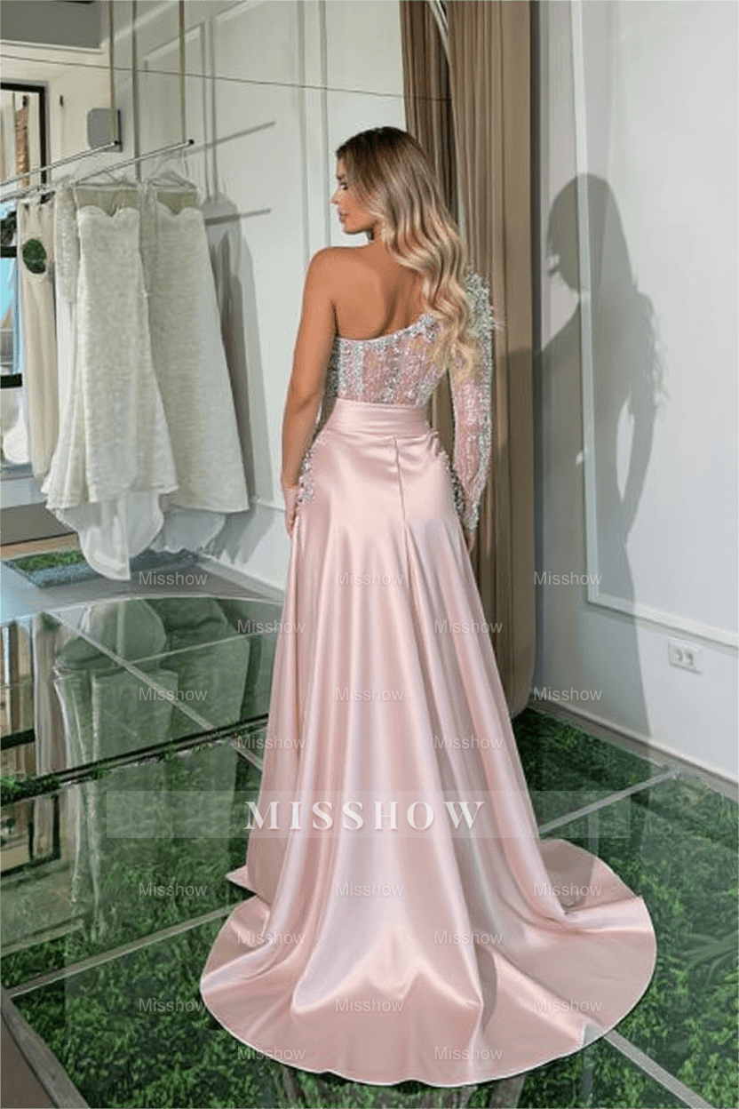 Beautiful Long Pink Mermaid One Shoulder Long Sleeve Glitter Prom Evening Dresses With Slit