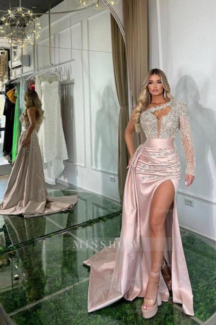 Beautiful Long Pink Mermaid One Shoulder Long Sleeve Glitter Prom Evening Dresses With Slit