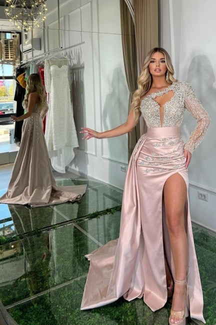 Beautiful Long Pink Mermaid One Shoulder Long Sleeve Glitter Prom Evening Dresses With Slit