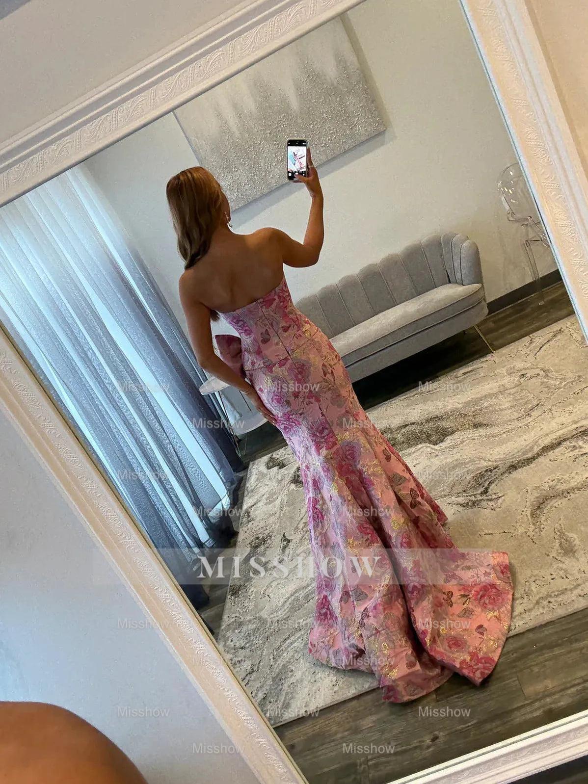 Beautiful Long Pink Mermaid Strapless Floral Prom Dress with Bow and Slit
