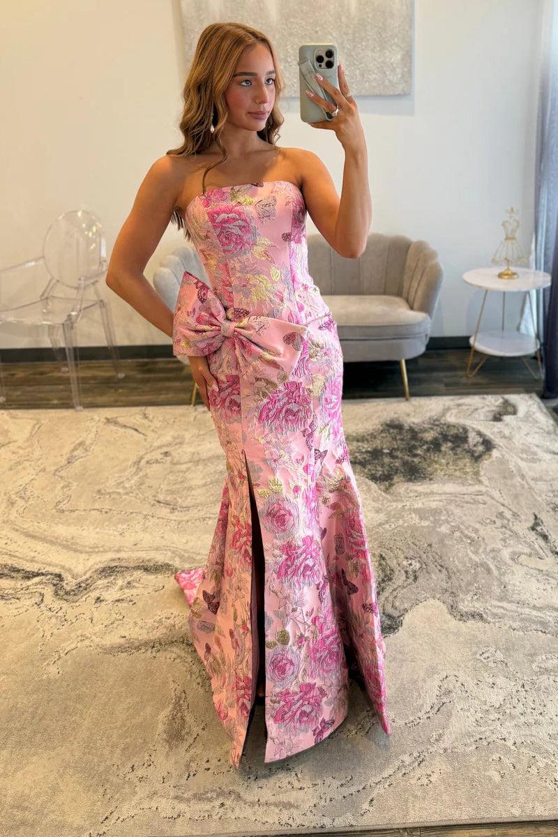 Beautiful Long Pink Mermaid Strapless Floral Prom Dress with Bow and Slit