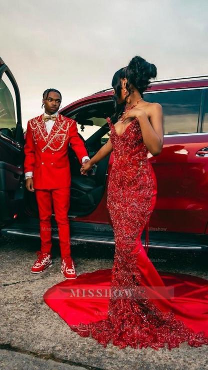 Beautiful Long Red Strapless Beaded Crystal V-neck Mermaid Prom Dress