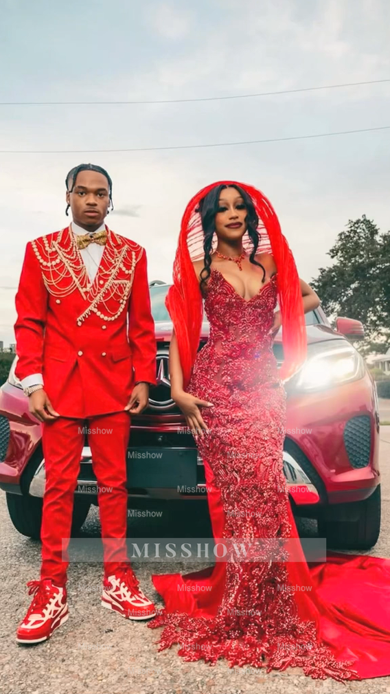 Beautiful Long Red Strapless Beaded Crystal V-neck Mermaid Prom Dress