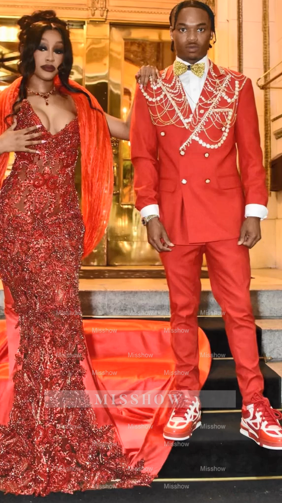 Beautiful Long Red Strapless Beaded Crystal V-neck Mermaid Prom Dress