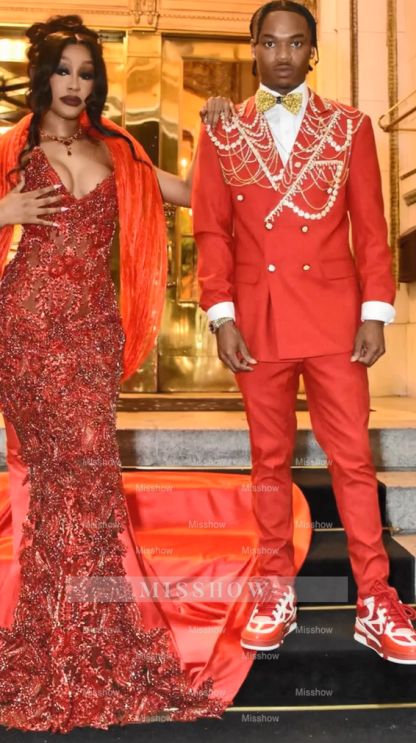 Beautiful Long Red Strapless Beaded Crystal V-neck Mermaid Prom Dress