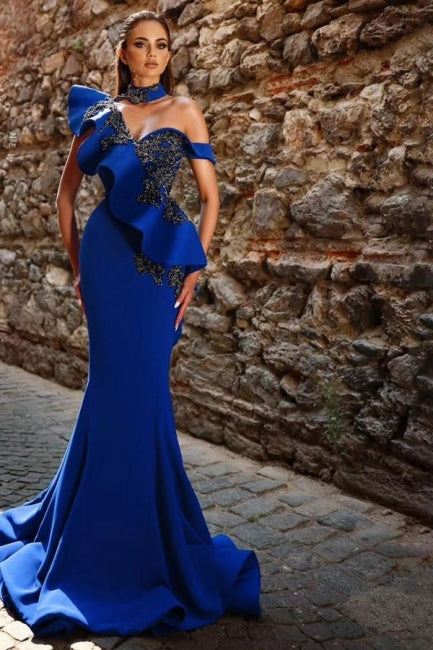 Beautiful Long Royal Blue Mermaid Beading Prom Evening Dresses with Ruffles
