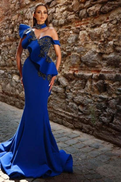 Beautiful Long Royal Blue Mermaid Beading Prom Evening Dresses with Ruffles