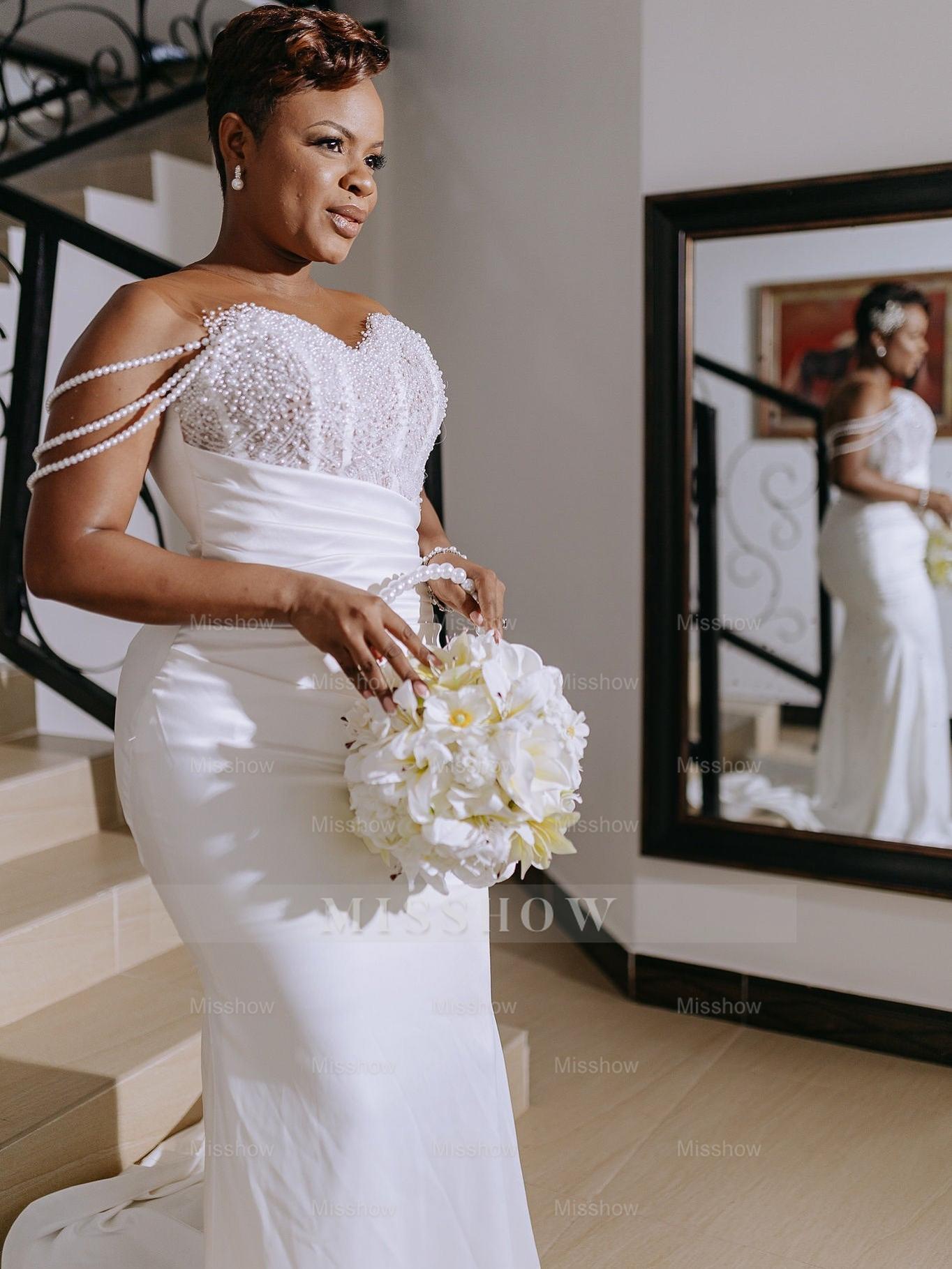 Beautiful Long White Beaded Mermaid Sleeveless Wedding Dress with Detachable Train