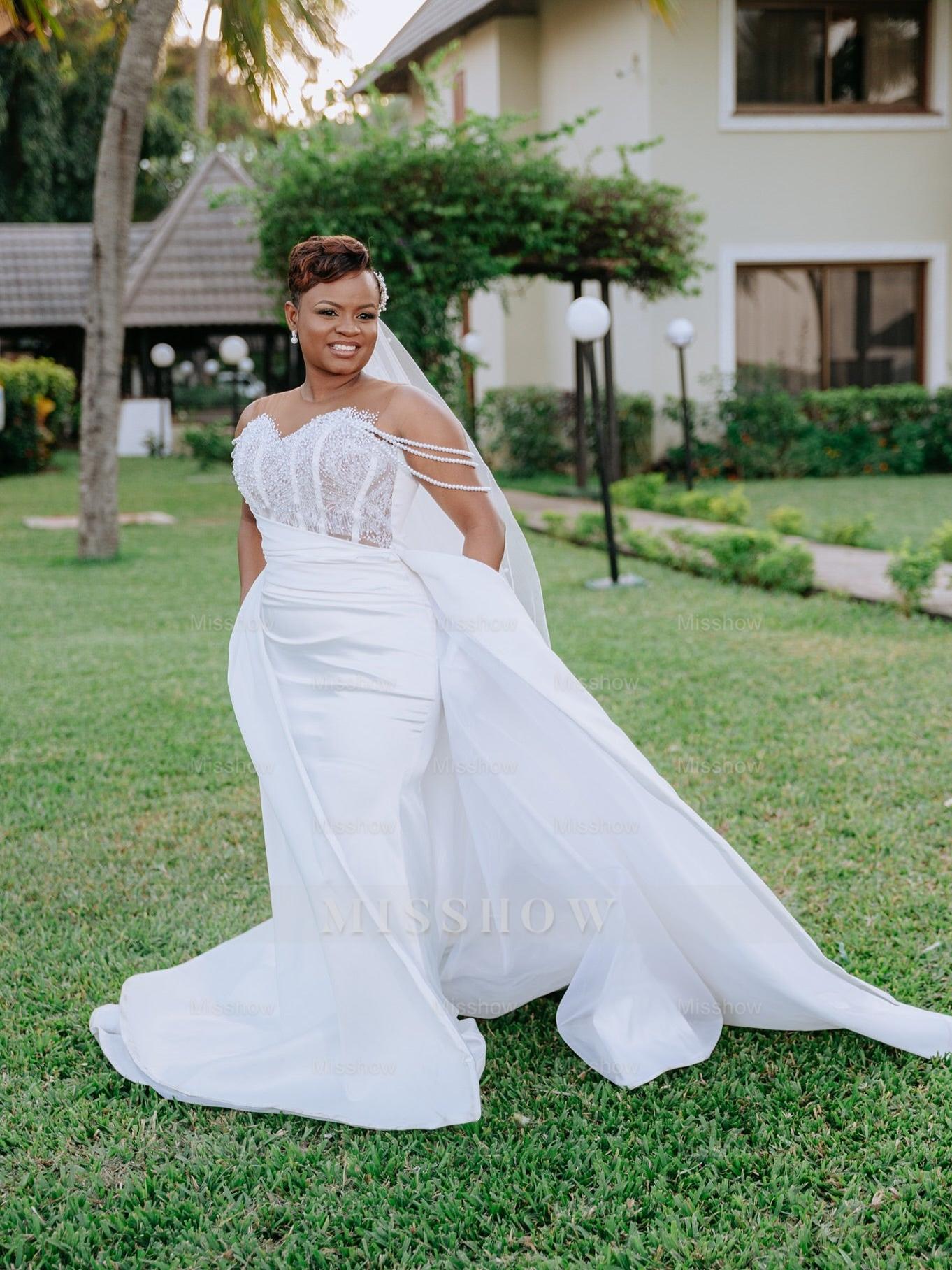 Beautiful Long White Beaded Mermaid Sleeveless Wedding Dress with Detachable Train