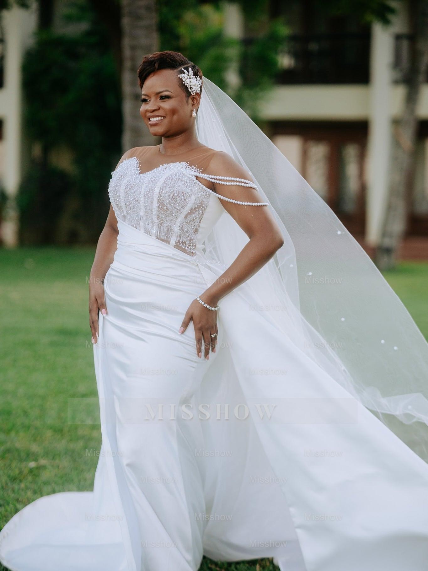 Beautiful Long White Beaded Mermaid Sleeveless Wedding Dress with Detachable Train