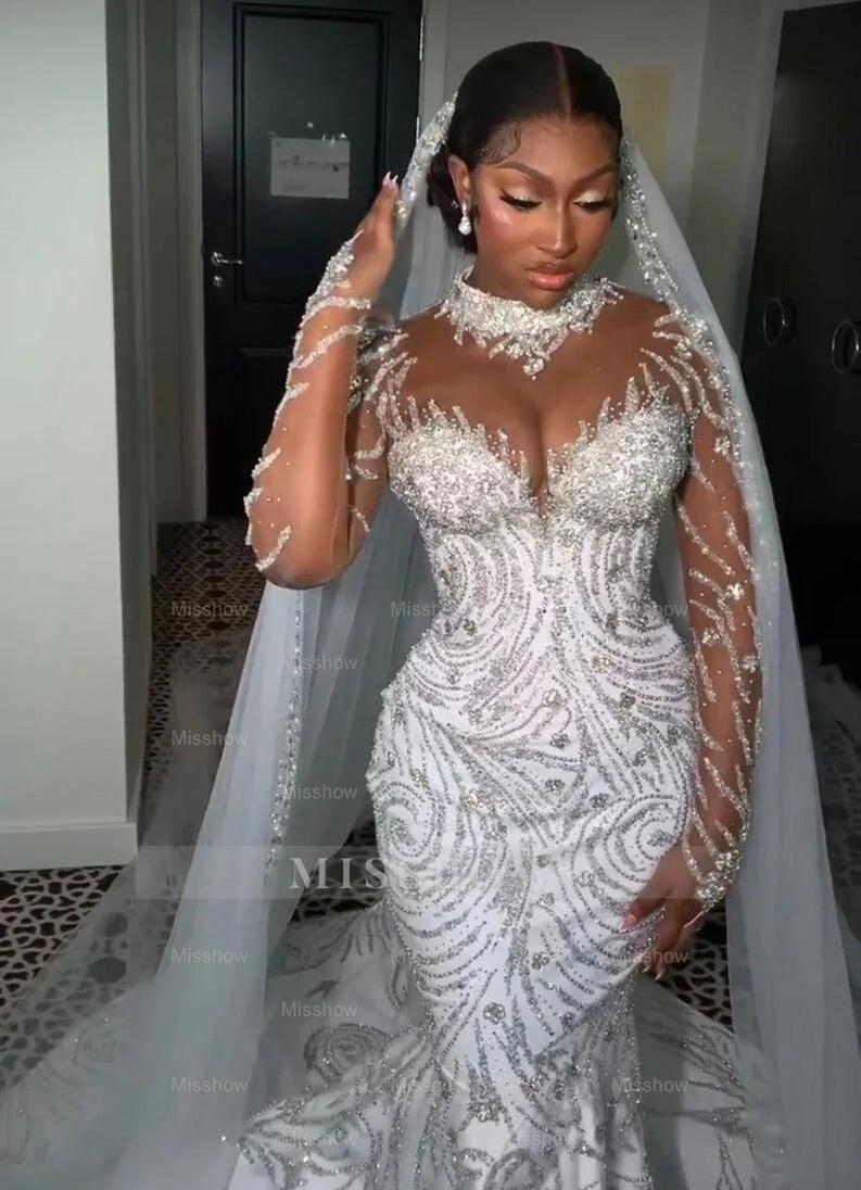 Beautiful Long White Mermaid Crystal Beaded Wedding Dress with Long Sleeves