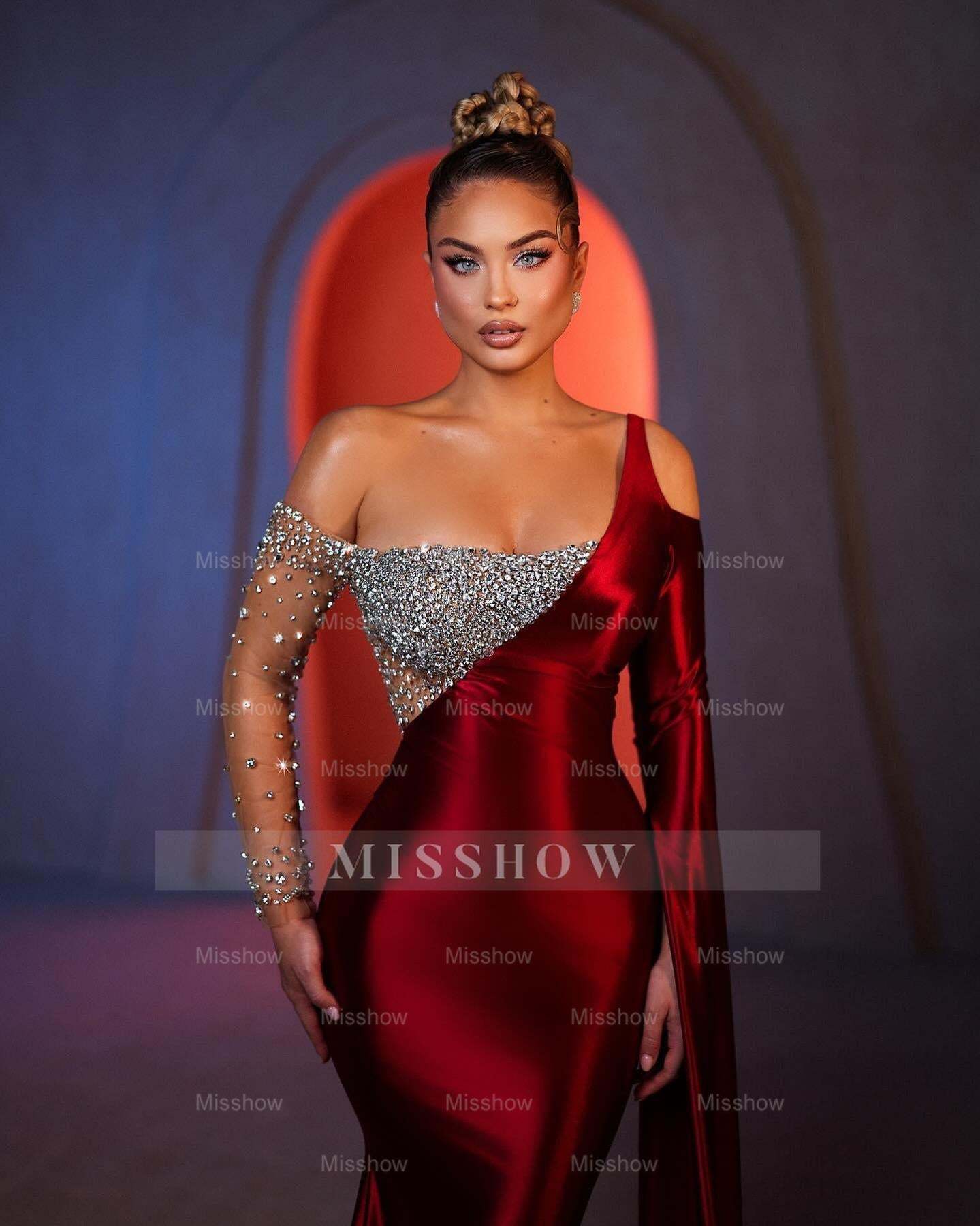 Beautiful Mermaid One Shoulder Long Sleeve Rhinestone Satin Chiffon Prom Dresses