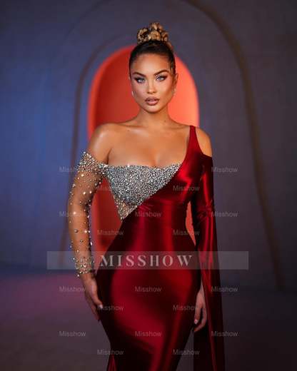Beautiful Mermaid One Shoulder Long Sleeve Rhinestone Satin Chiffon Prom Dresses