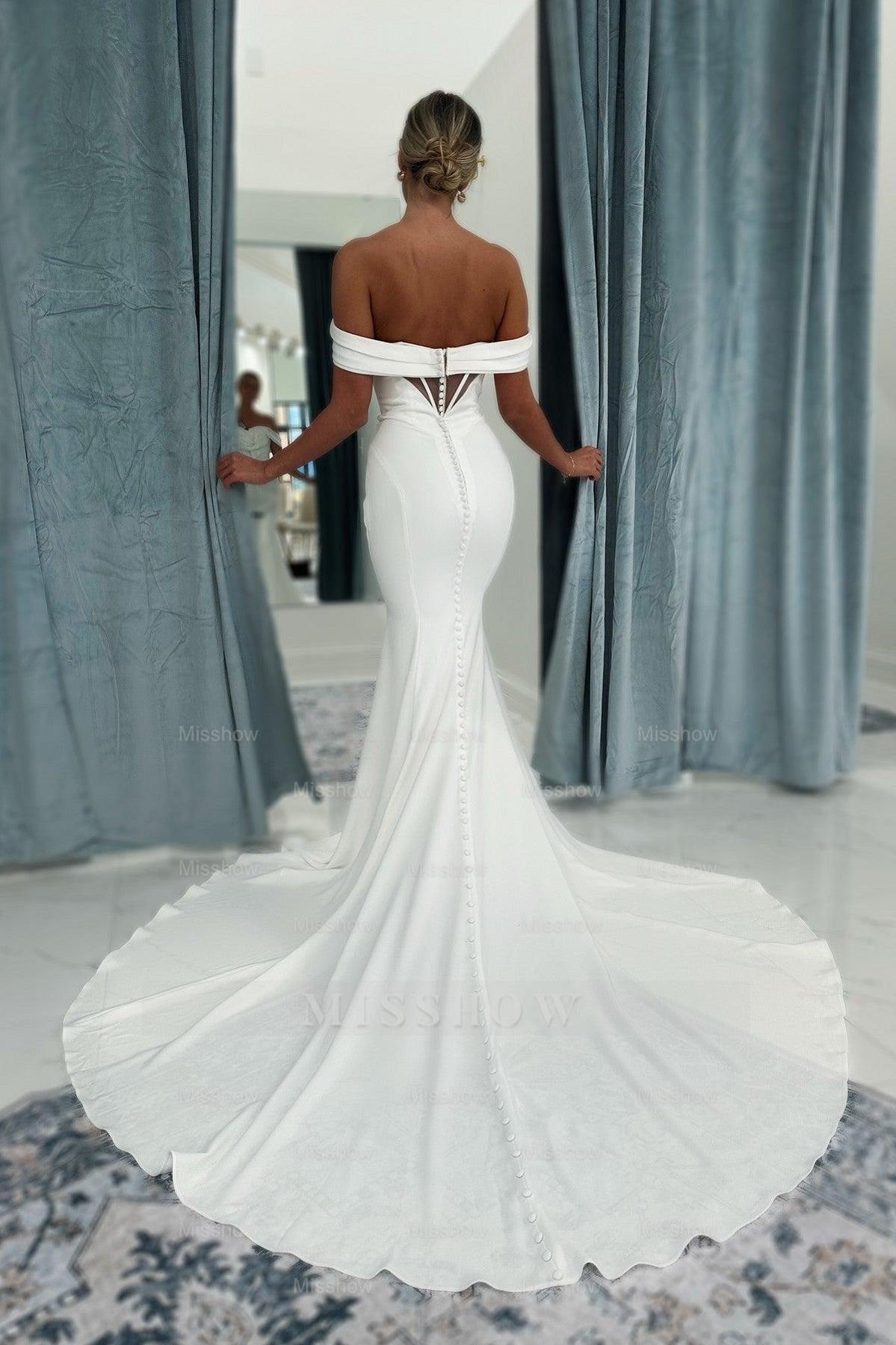 Beautiful Mermaid White Strapless Off-The-Shoulder Sleeveless Sweep Train Simple Satin Wedding Dresses