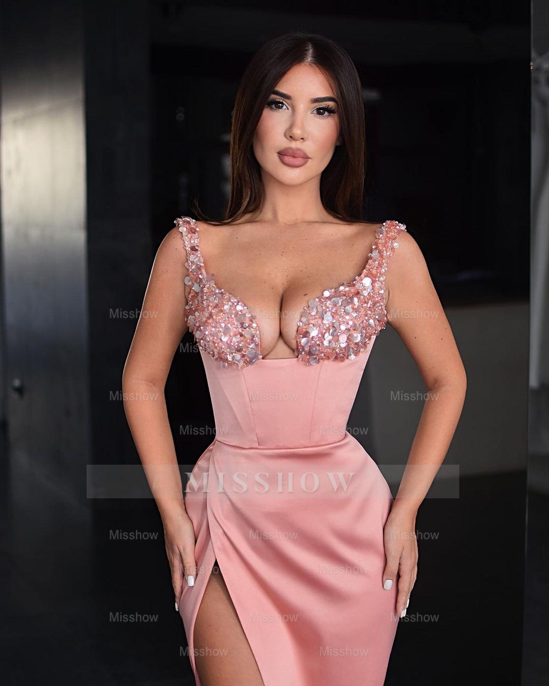 Beautiful Pink Formal Dress Sequins Spaghetti Strap With Slit Satin