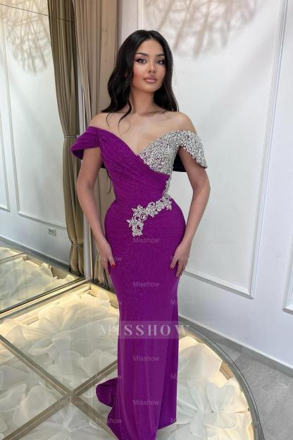 Beautiful Purple Column V-Neck Off-The-Shoulder Beaded Sleeveless Ruffle Long Tulle Prom Dresses With Rhinestone