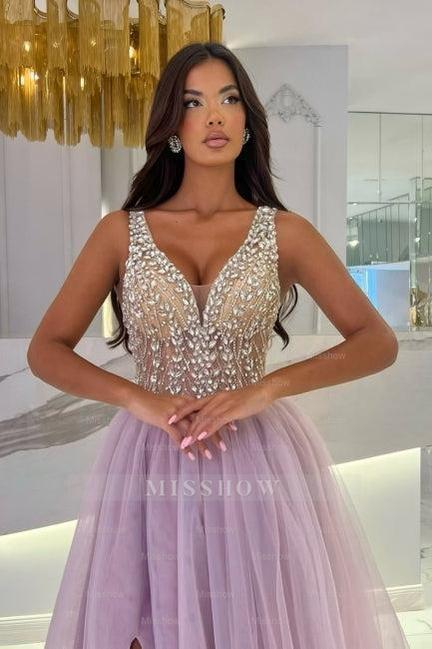 Beautiful Purple V-Neck A-Line Spaghetti Strap Beaded Sleeveless Tulle Prom Dresses With Rhinestone
