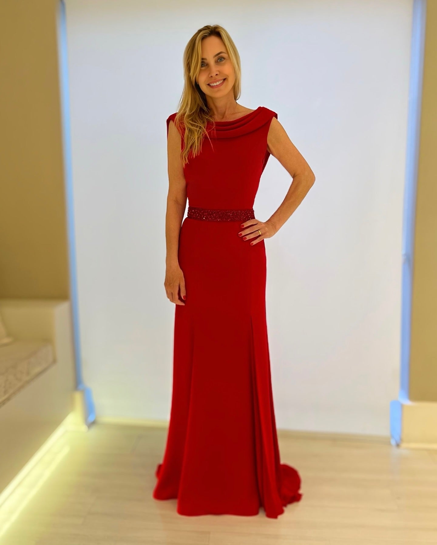 Beautiful Red A-Line Mother of Bride Crew Sleeveless Long Satin Bridesmaid Dress With Sash