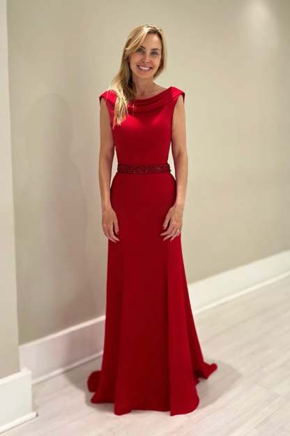 Beautiful Red A-Line Mother of Bride Crew Sleeveless Long Satin Bridesmaid Dress With Sash