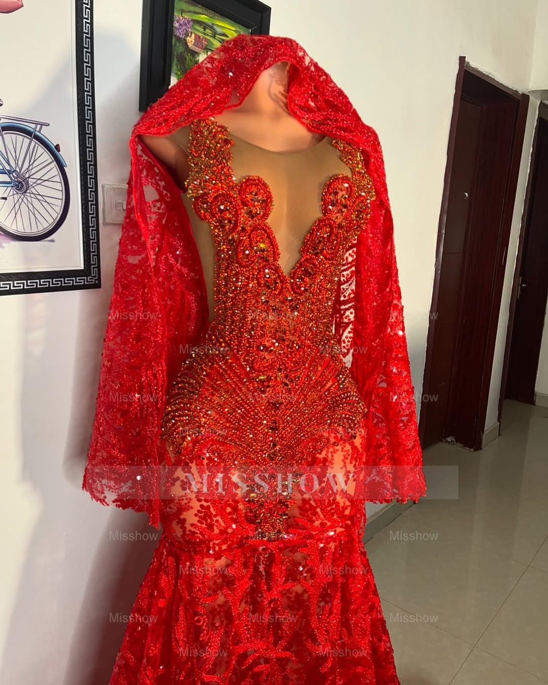 Beautiful Red Mermaid Sleeveless Beaded Lace Long Prom Dress with Veil