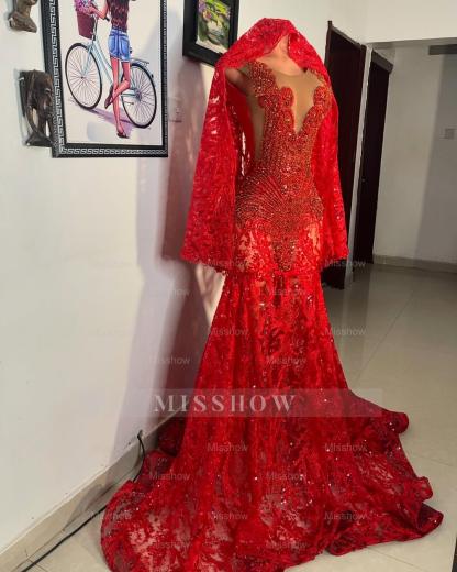 Beautiful Red Mermaid Sleeveless Beaded Lace Long Prom Dress with Veil