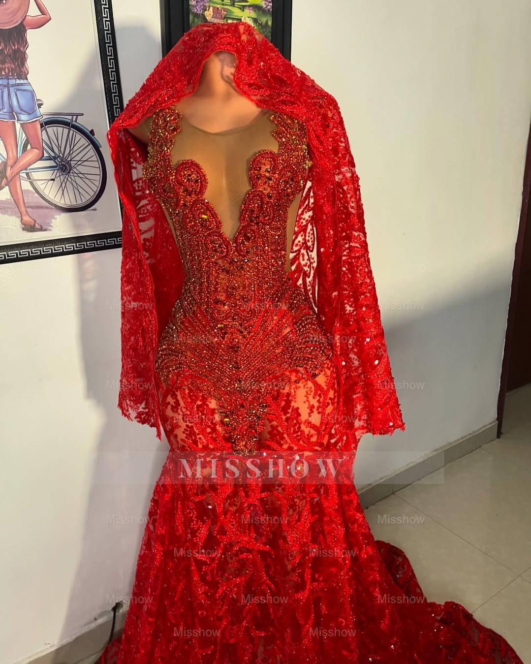 Beautiful Red Mermaid Sleeveless Beaded Lace Long Prom Dress with Veil
