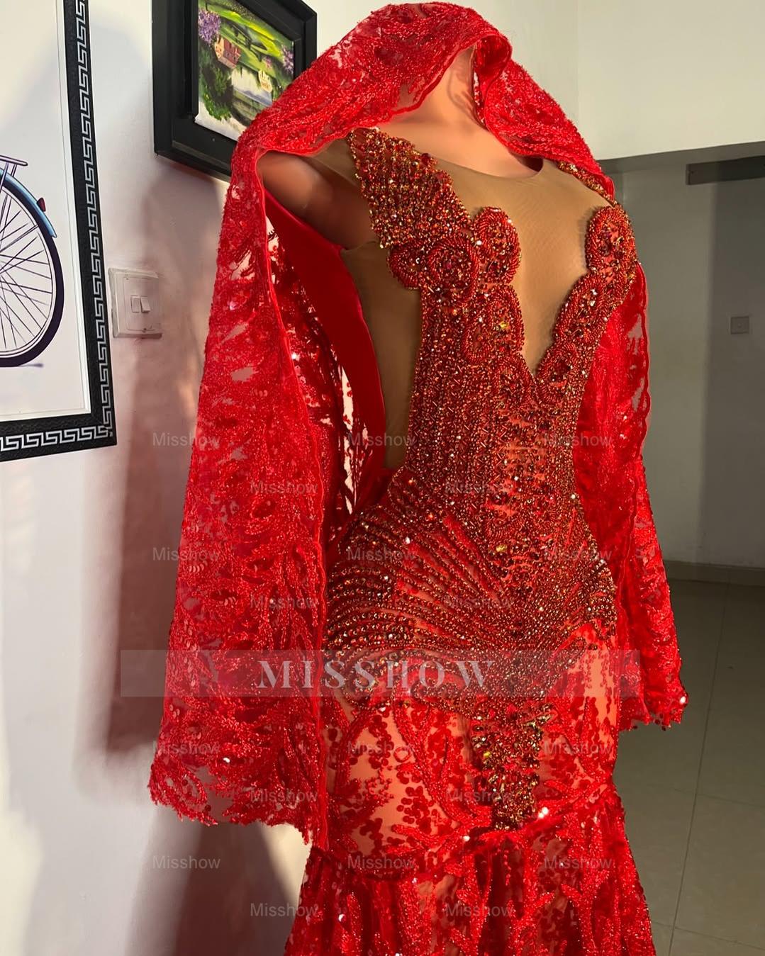Beautiful Red Mermaid Sleeveless Beaded Lace Long Prom Dress with Veil