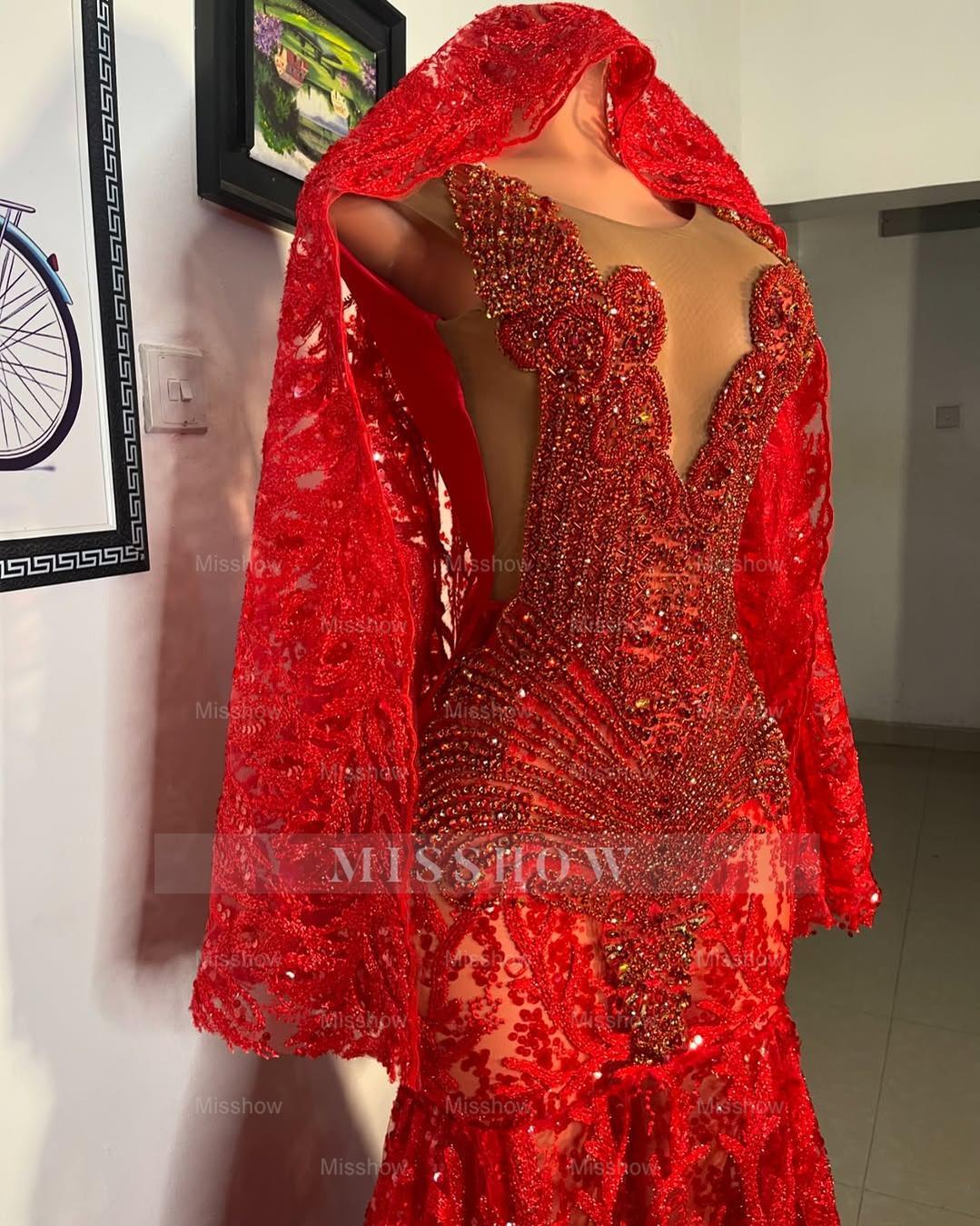 Beautiful Red Mermaid Sleeveless Beaded Lace Long Prom Dress with Veil